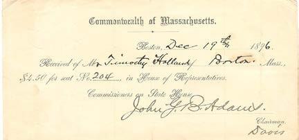 Receipt for the purchase of chair no. 204 by Timothy Holland, donated with the chair. 