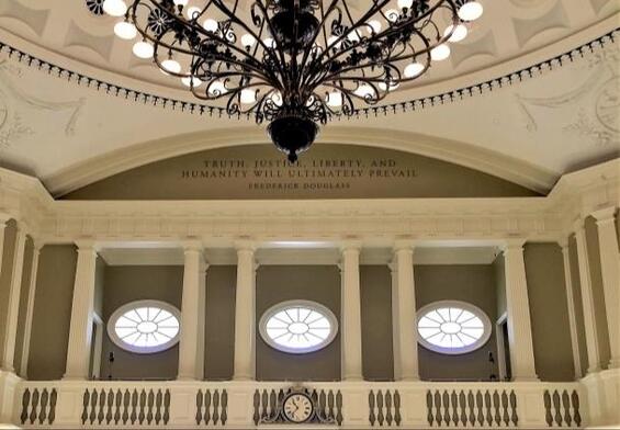 Frederick Douglass quote written on the south tympanum of the Senate Chamber