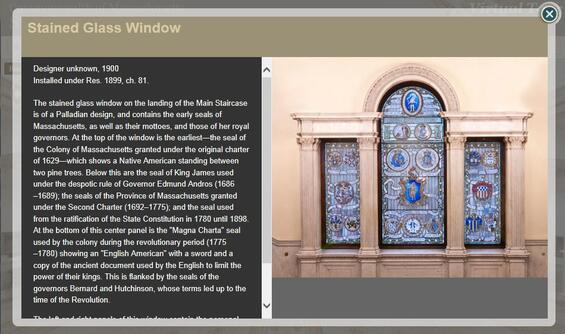 Screenshot of the Virtual Tour highlighting a stained glass window in the State House