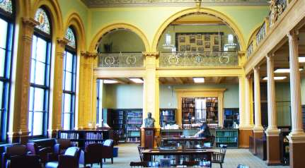 Wide view of the main reading room of the State Library to show the restored paint color