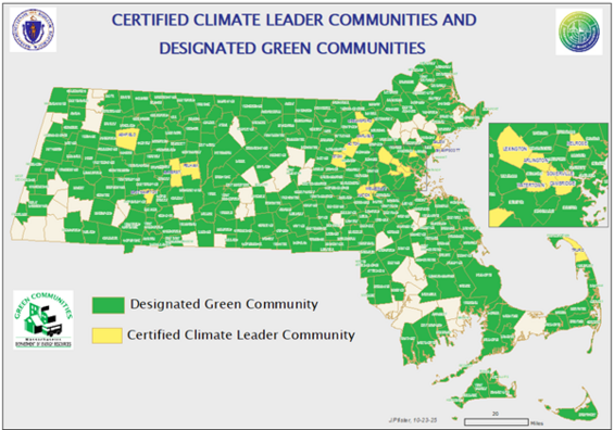 Map of Massachusetts municipalities that are Climate Leader Certified or Designated Green Communities