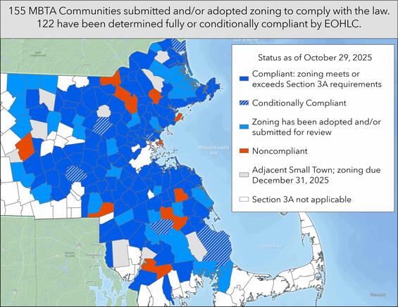 Map showing compliance status of cities and towns covered by the MBTA Communities Law