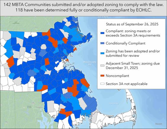 A map showing MBTA Communities statuses as of Sept. 26, 2025