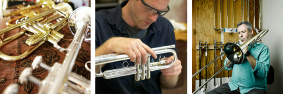 From left: a row of trumpets; a worker inspecting a trumpet; a man playing a trombone