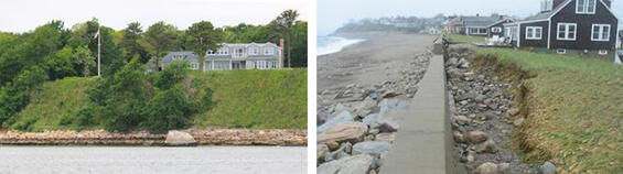 A stablized bank that was planted with vegetation; an eroded bank behind a seawall that could use nourishment and planting.