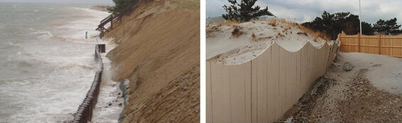 Posts installed at the base of a bank being flooded; a fence retaining sand on one side and not the other.