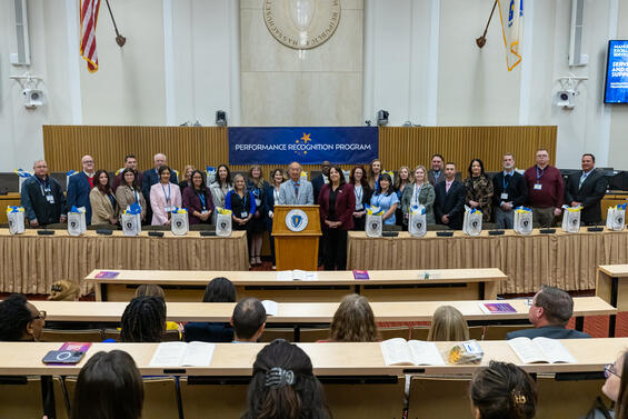 Service Center Delivery and Communication Support Team members, along with Interim Secretary Eng, and Lieutenant Governor Kim Driscoll