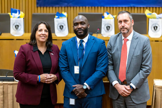 (L-R) Lieutenant Governor Kim Driscoll, Cellucci Winner Wladimir Louis, and Secretary Gorzkowicz