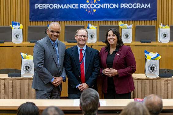 (L-R) Secretary Mahaniah, Cellucci Winner Michael Berolini, and Lieutenant Governor Kim Driscoll