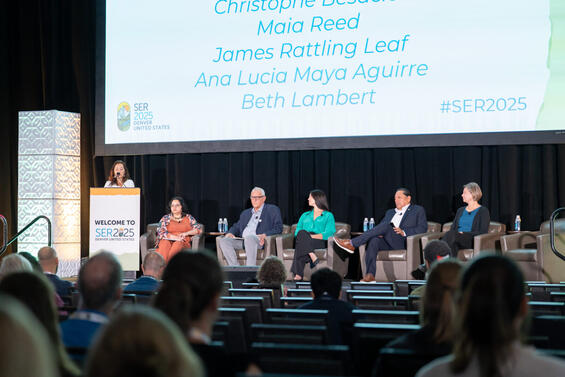 Several people, including Beth Lambert, sitting on stage on a panel.