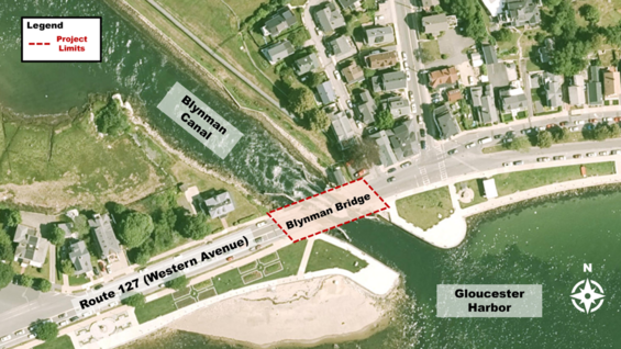 Overhead view of Blynman site showing the project limits near Gloucester Harbor.