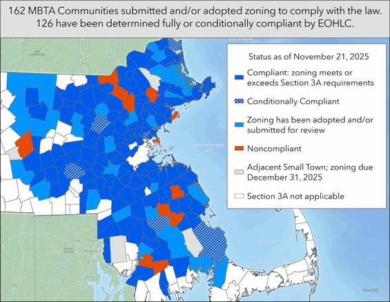 Map showing compliance status of MBTA Communities cities and towns