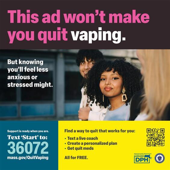 An anti-vaping advertisement says "This ad won't make you quit vaping. But knowing you'll feel less anxious and stressed might." The ad includes a range of support tools including a QR code, website, and text-for-help feature.