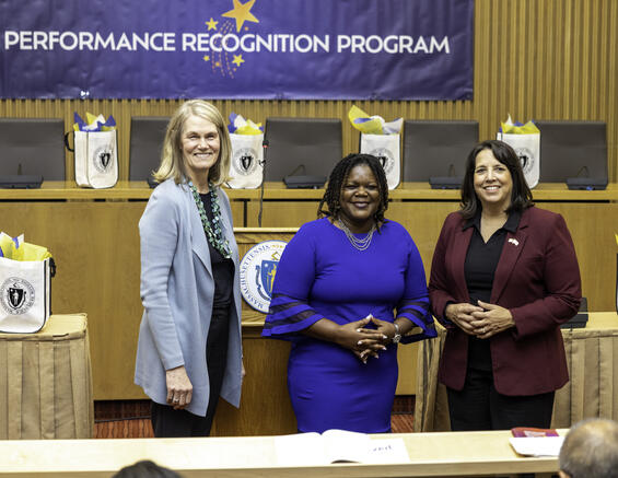 (L-R) Chief Human Resources Officer Melissa Pullin, Cellucci Winner Nomxolisi Khumalo Jones, and Lieutenant Governor Kim Driscoll