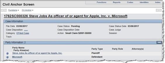 Screenshot showing two parties listed for the case in MassCourts