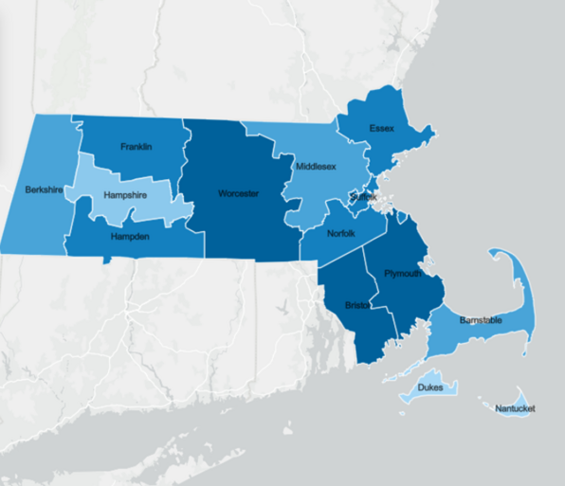 the state of Massachusetts with the counties colored in in different shades of blue.