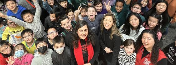 Aerial selfie of students and judges during a Judicial Outreach Month event
