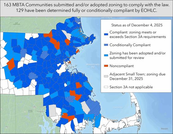 Map showing compliance status of MBTA Communities cities and towns