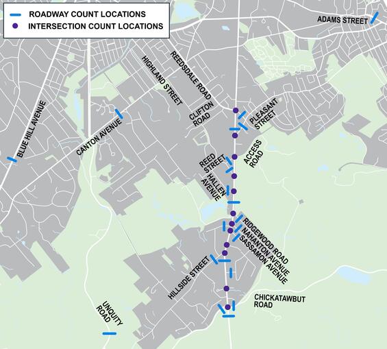 Map of roadway and intersection count locations