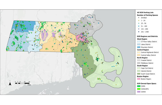 Map of Massachusetts with points indicating DCR-owned parking lots