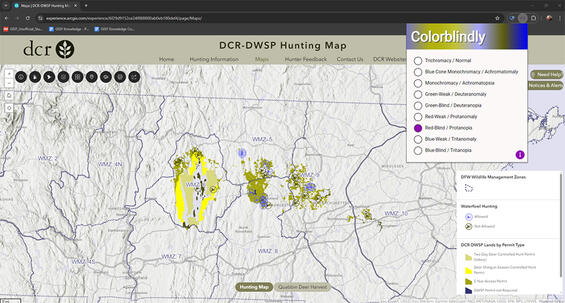 Screenshot of Colorblindly simulating red-blindness on a map.