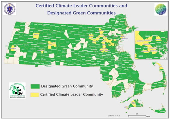 Map of Massachusetts that shows Designated Green Communities (297) and Climate Leader Communities (28)