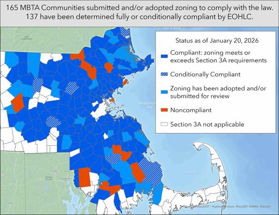 Map showing compliance status of MBTA Communities cities and towns