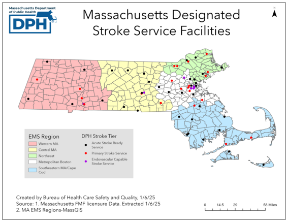 Map of Massachusetts with placement of primary stroke service designated hospitals by location in West, Central, Northeast, Metro Boston, and Southeast regions.