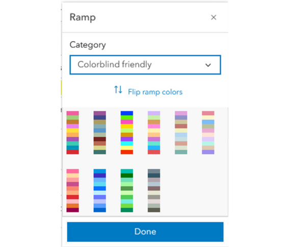 Screenshot of Esri colorblind-friendly color ramp options within Map Viewer.