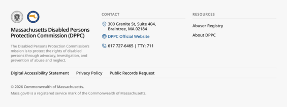 The footer for the Massachusetts Disabled Persons Protection Commission (DPPC).