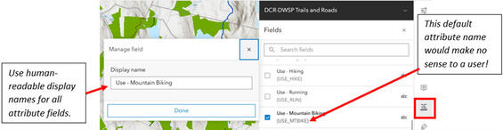 Annotated screenshot of changing default name in fields list. More details in caption.