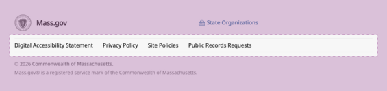 The Mass.gov site footer, with the row linking to the Digital Accessibility Statement, Privacy Policy, Site Policies, and Public Records Request highlighted. 