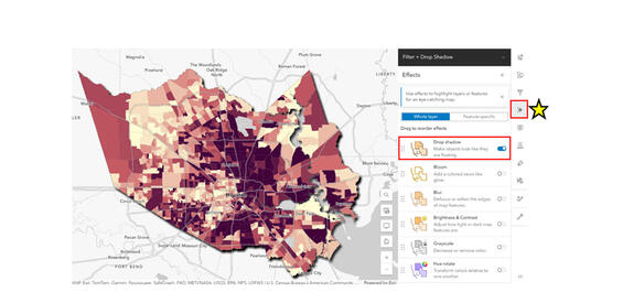 Screenshot of applying a drop shadow to a map. More details in caption.