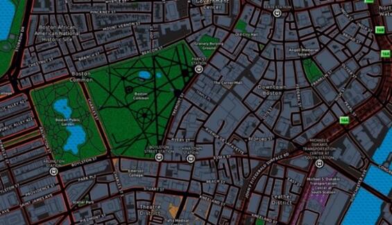 Dark-colored Enhanced Contrast Basemap for the area around the Boston Common. 