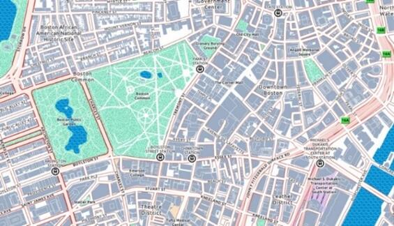 Light-colored Enhanced Contrast Basemap for the area around the Boston Common. 