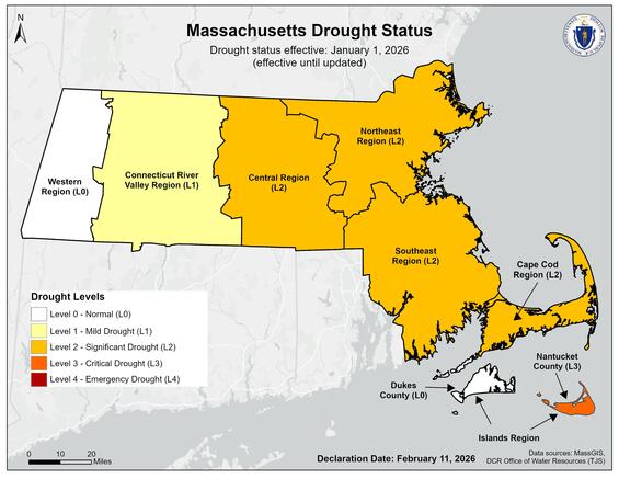 Massachusetts Drought Status: Western Region Level-0 Normal Conditions, Connecticut River Valley Region Level-1 Mild Drought, Central Region Level-2 Significant Drought, Northeast Region Level-2 Significant Drought, Southeast Region Level-2 Significant Drought, Cape Cod Region Level-2 Significant Drought, Dukes County Level-0 Normal Conditions, Nantucket County Level-3 Critical Drought Conditions 