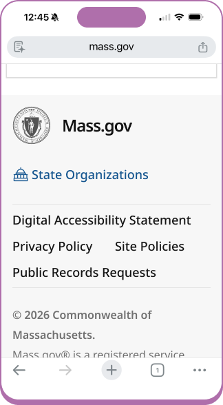 A mobile screen showing the Mass.gov footer