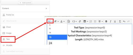 Screenshot showing how and where to change font size within a pop-up's text element. 