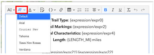 Screenshot showing how and where to change font style within a pop-up's text element. 