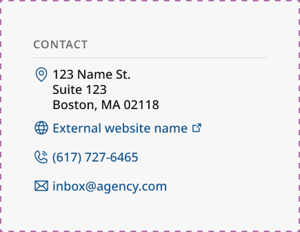A template example of contact information in the footer. A physical address, external website, phone number, and e-mail address are displayed, along with their corresponding icons. 