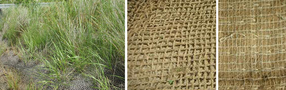 Three photos: A visible blanket and grass growing through; thick, string-like material woven together; finer material with visible stitching