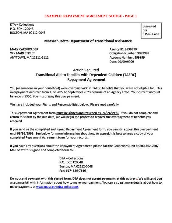 Example of a Repayment Agreement notice. It includes the client's name, contact info, and details on the overpayment.
