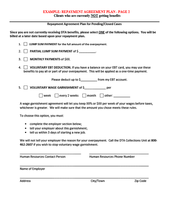 Example of a Repayment Agreement Plan for Pending/Closed Cases.