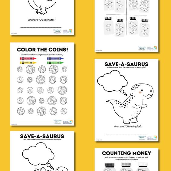 Financial literacy coloring pages against a yellow background.