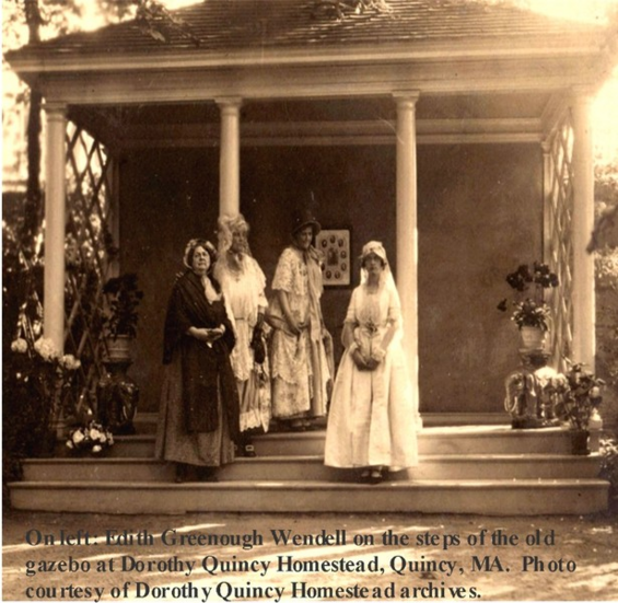 Edith Greenough Wendell in wedding dress and veil next to three woman in dresses.