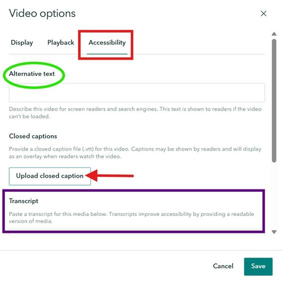 Screenshot of Under the Accessibility options, set alt text, upload closed captions and write a transcript.