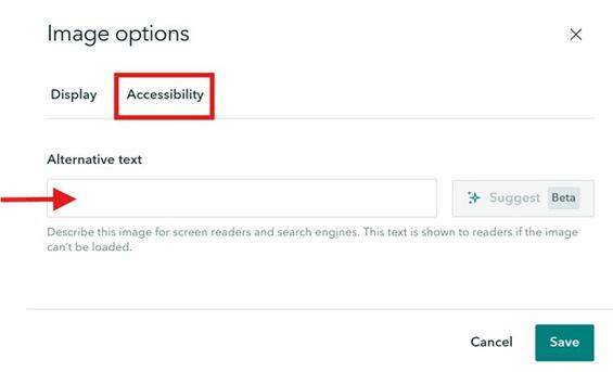 Screenshot how to add alternative text under the Accessibility settings. More detail in caption.