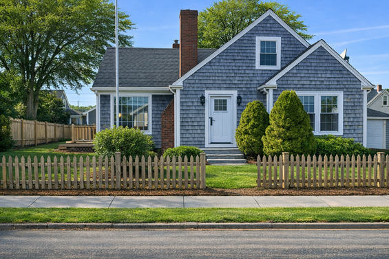 Example of a starter home that with a starter home neighborhood in the back.