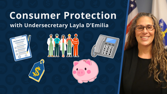 Decorative image with OCABR Undersecretary D'Emilia to the right, and illustrations of a piggy bank, calculator, a group of people, document, and price tag.