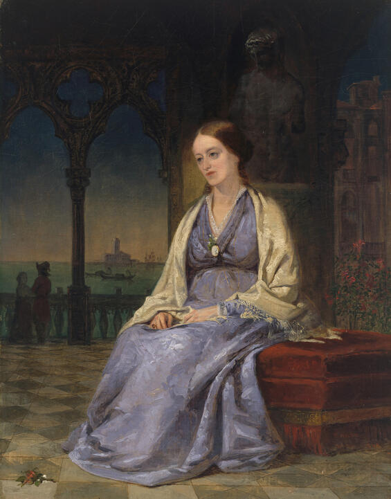 A portrait painting of Margaret Fuller seated on a balcony with a view of the sea and distant town.
